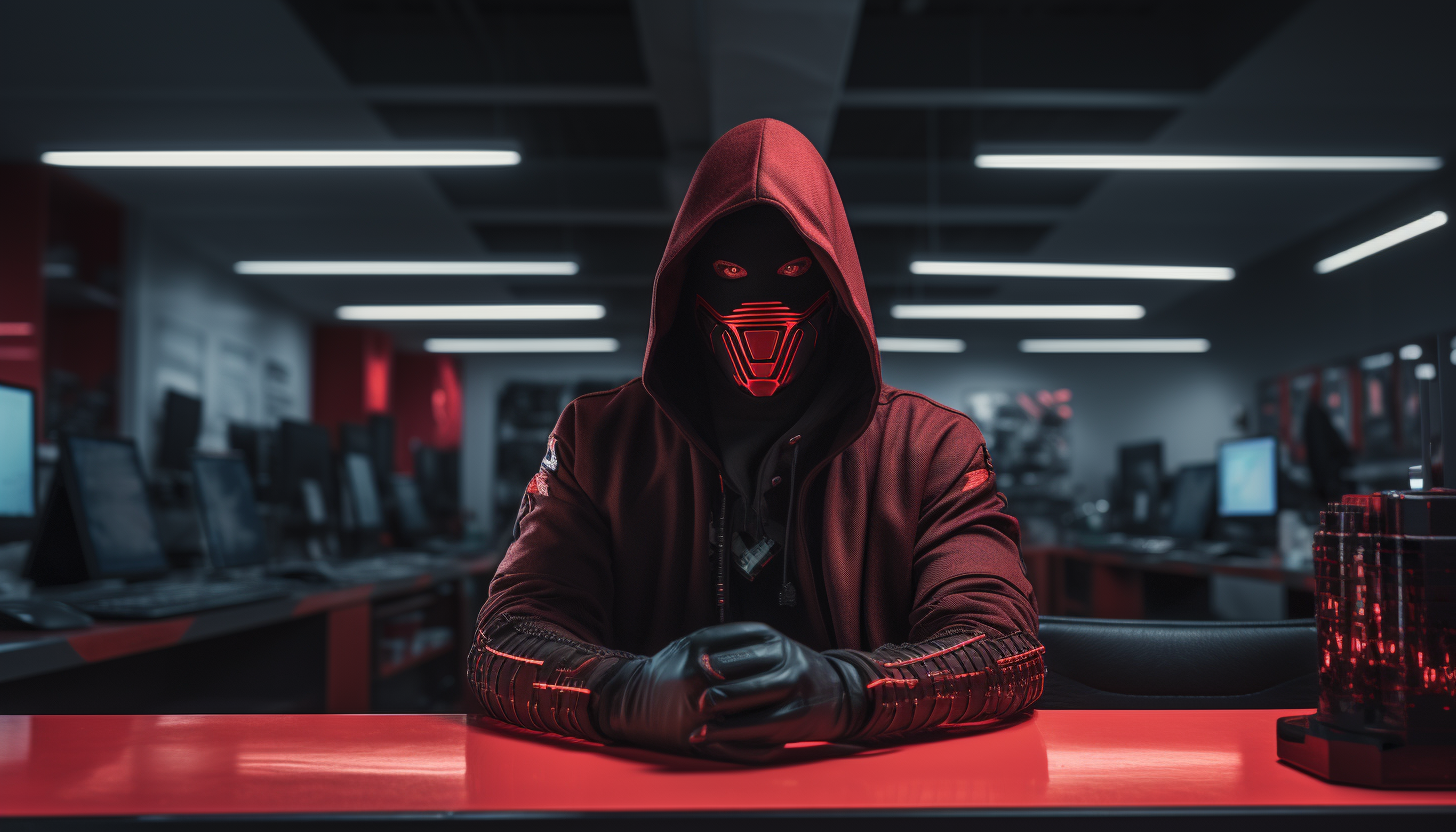 ninja in red hoodie with glowing mask at ninjaproxy offices.